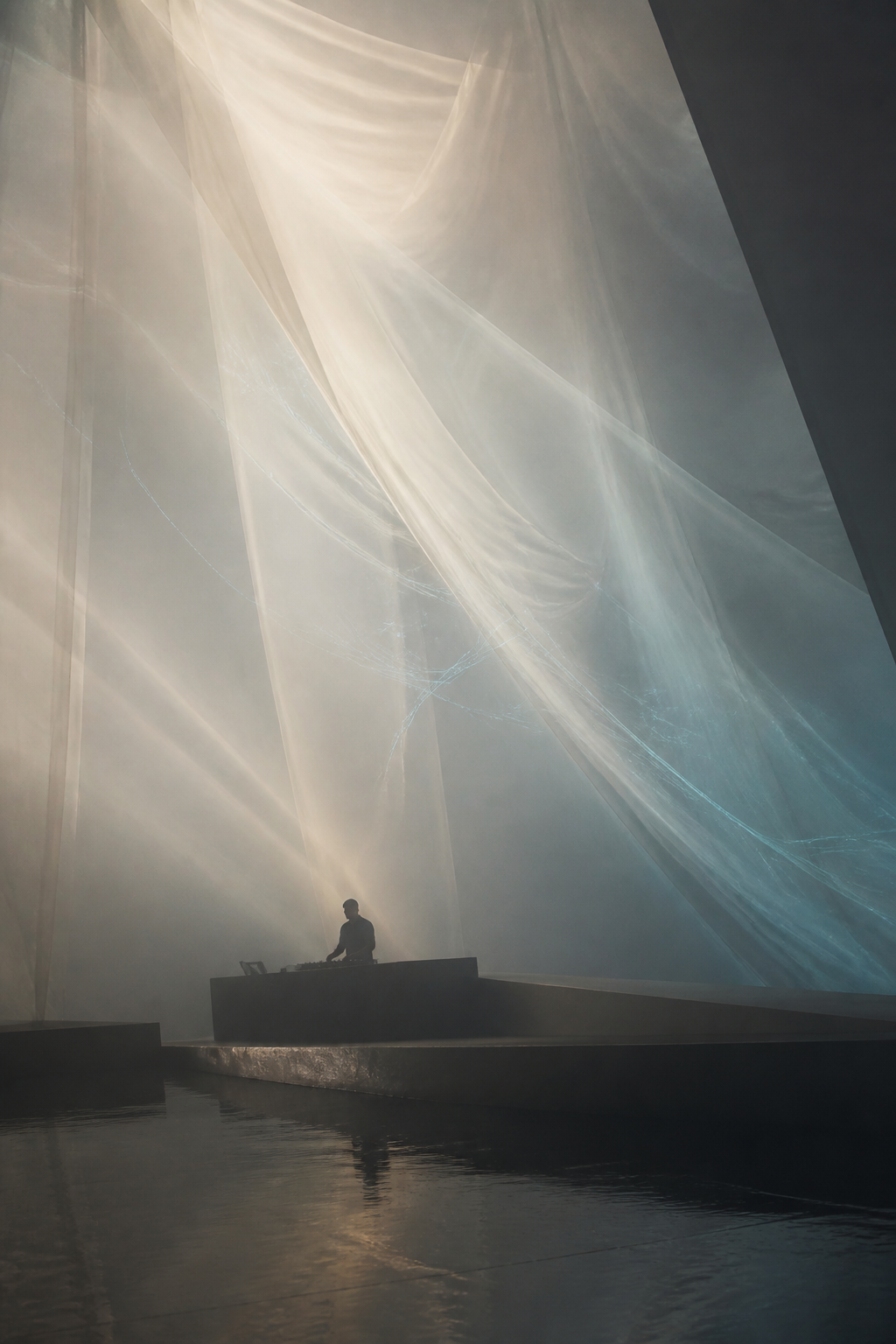 Projected light through haze during a live visual session