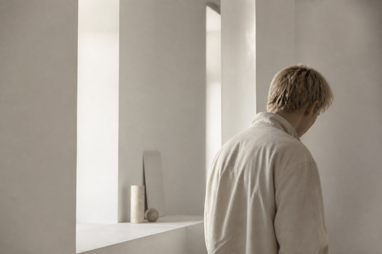 Editorial photograph of a quiet room with soft light — interview with NØVA